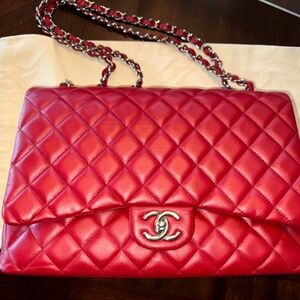 CHANEL Classic Maxi Double Flap Red Caviar on Silver W/Card GREAT CONDITION!!!